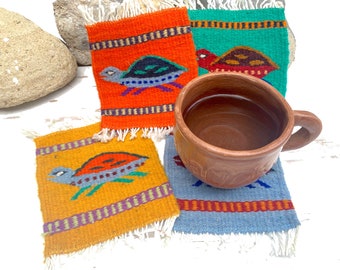 Zapotec Rug Mug Coaster 5"x6" Hand Woven Colorful Turtle Cup Mini Rug Mat, Natural Wool Tapestry Set of 4 Coasters