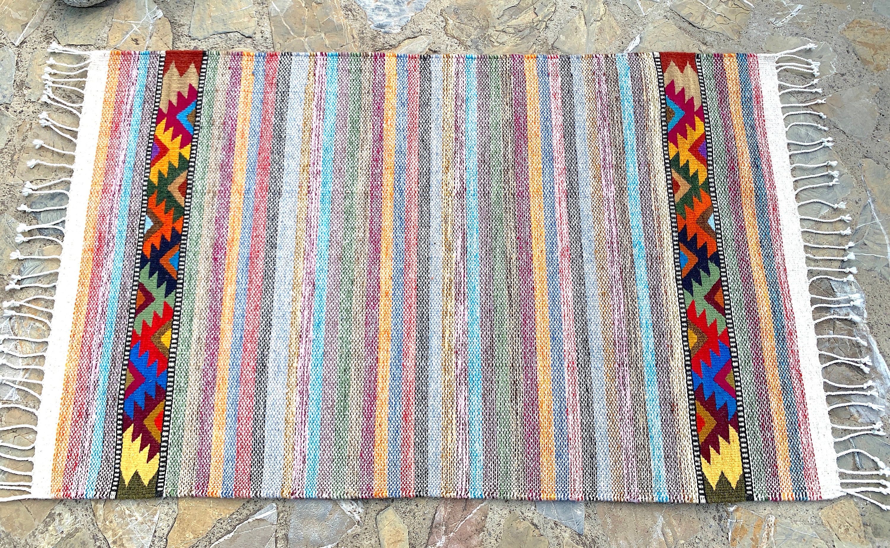 Authentic Zapotec Oaxacan Mexican 24"x40" Hand Woven Rainbow Stars Abstract Pattern Home Wall Hanging Floor Mat Wool Weaving Tapestry Rug