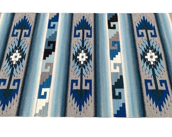 Woven Wool Rug: Blue Indigo Natural Dyed  Hand Loomed Zapotec Tapestry  (32"x59")