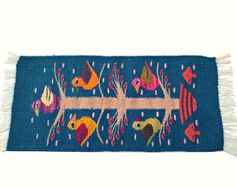 Hand Woven Zapotec Wool Rug Runner: Tree of Life, Bird Design, 10x20 Inches