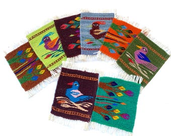 Hand Woven Zapotec Wool Coasters: Bird Design, Set of 8 (5x6 Inches)