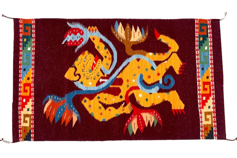 Mayan Rug Patterns Hand Woven Mayan Jaguar Rug, Burgundy Zapotec Wool Tapestry (24x41 In ...