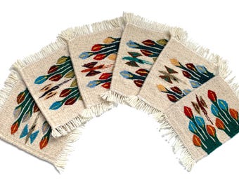 Set of 6 Flower and Butterfly Fun Mug Rug Coaster, Cold or Hot Dish Tapestry Coaster, Tightly Hand Woven White Wool Zapotec Mini Rugs