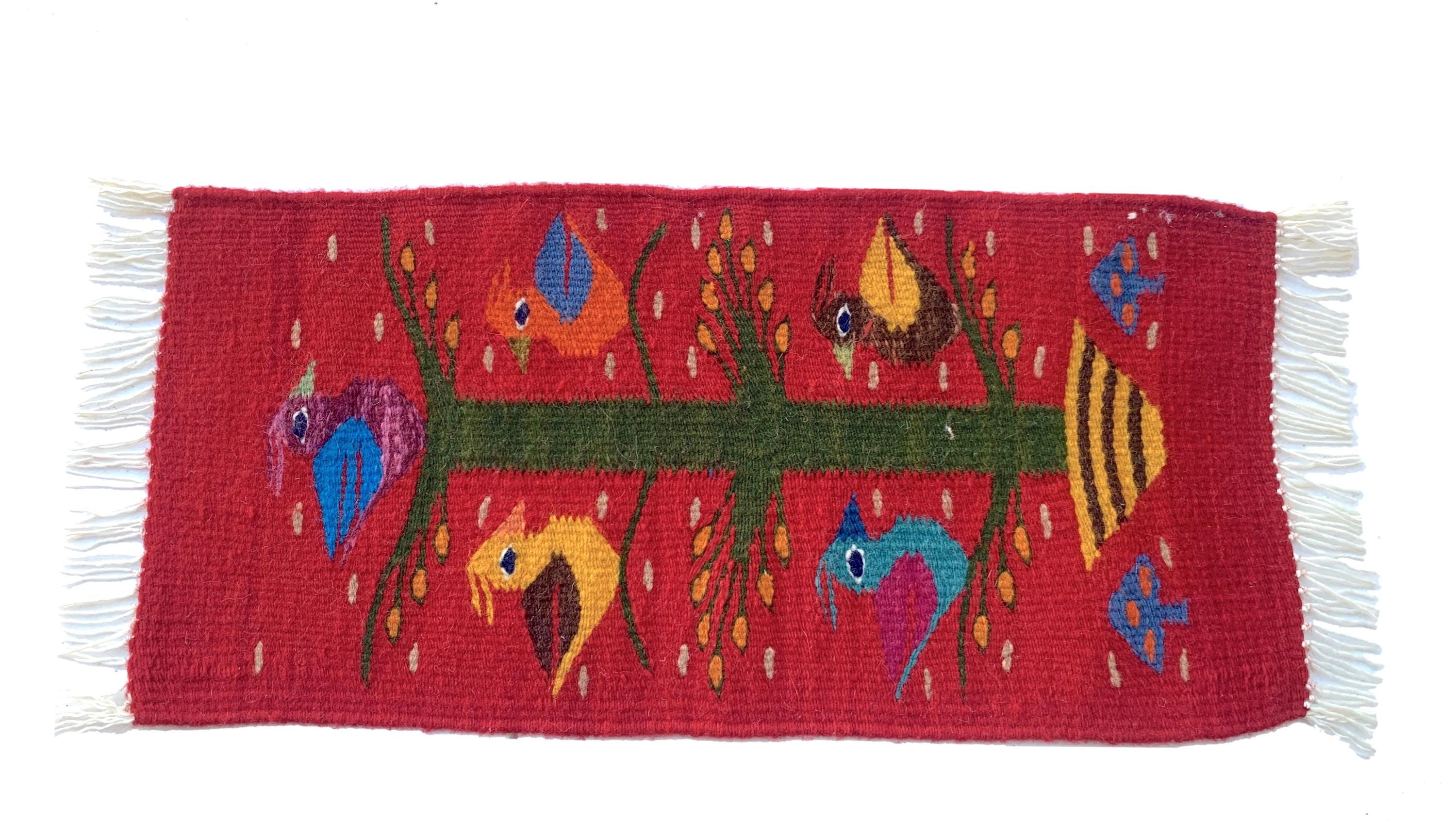 Tapis De Course Zapotèque Tissé Main – Arbre De Vie Rouge & Oiseaux – Laine 100%
