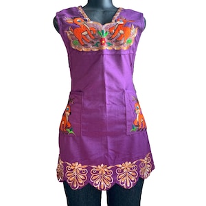 Embroidered Floral Deer Apron: Purple Cotton Blend, Adjustable Straps
