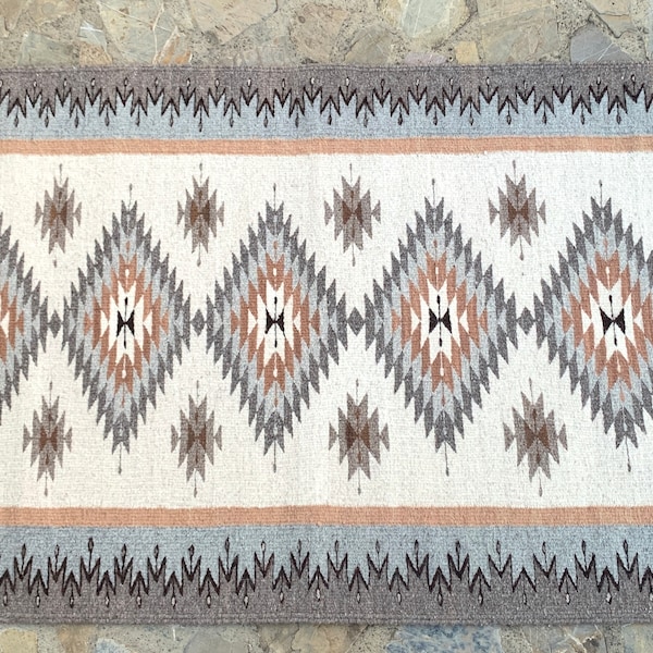 Authentic Oaxacan Zapotec Rug 30"x60" Hand Woven Natural  Non dyed wool rug, Diamond Geometric Oaxaca Tapestry, Rustic Home Decor Textile
