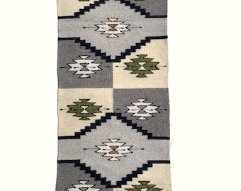 Handwoven Zapotec Earthy Color Wool Rug Runner: Geometric Table Tapestry (16x39 Inches)