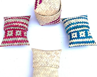 Handmade Palm Leaf Lidded Basket Set: Mini Woven Storage Pockets