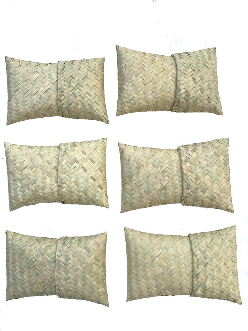 May include: Six woven straw pillows, each with a light beige color and a woven pattern. The pillows are arranged in two rows of three.