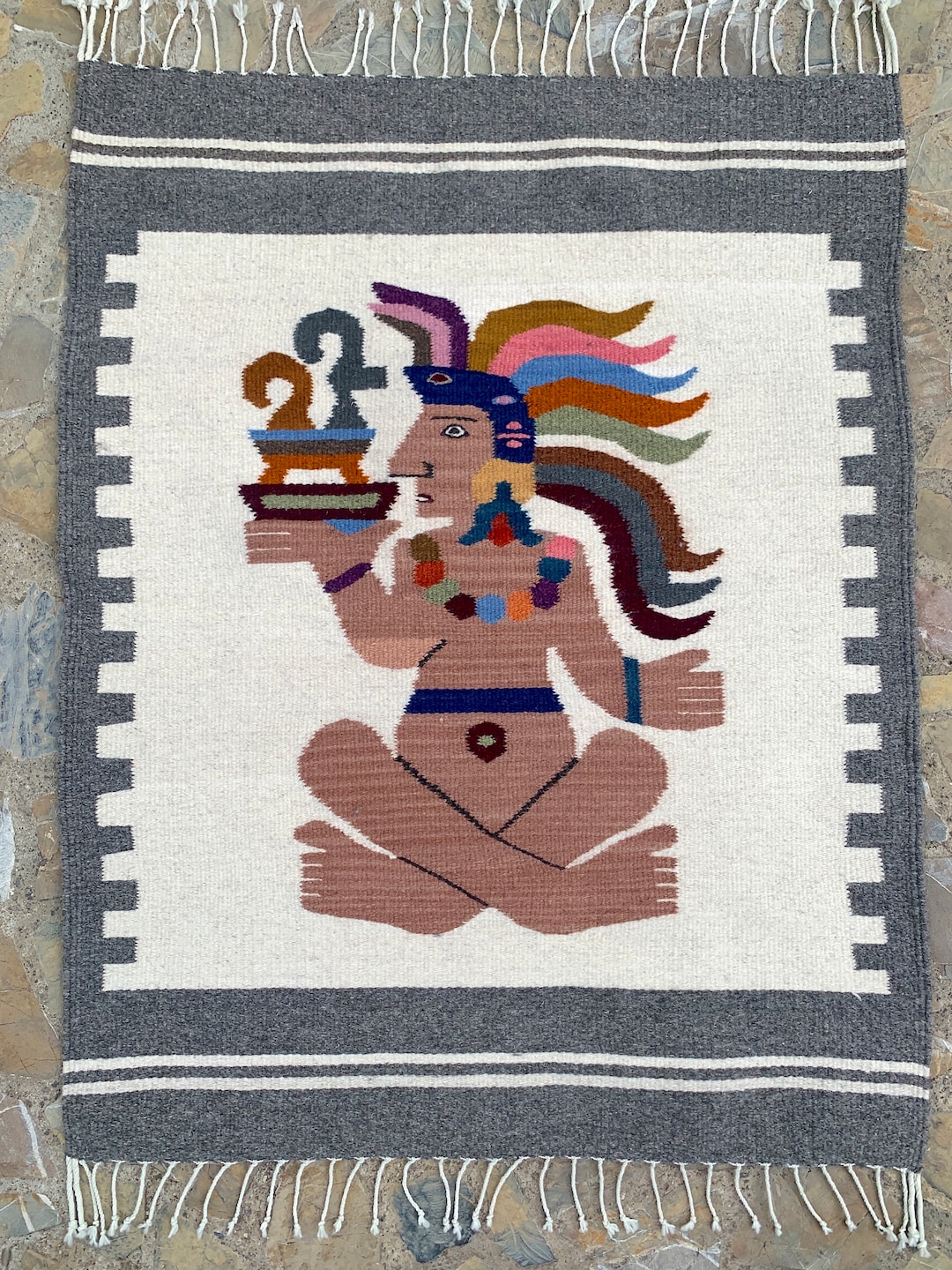 Native Zapotec Rug, 30x40 Hand Woven Natural Wool Tapestry, Pre