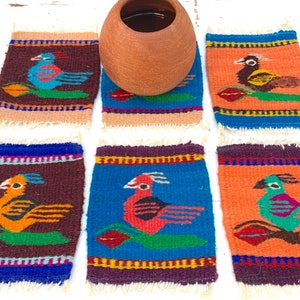 Set of 6 Hand Woven Wool Bird Coasters: Zapotec Rug Coasters