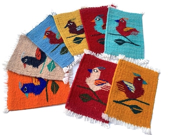 Woven Wool Bird Tapestry Coasters: Zapotec Mini Rugs Set of 8