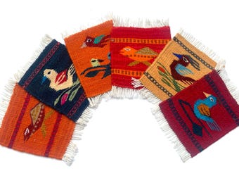 Set of 6 Hand Loomed Wool Coasters: Bird and Turtle Designs (5"x6")