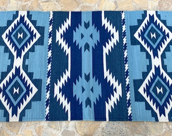 Indigo Zapotec Rug: Geometric Hand Woven Sheep Wool Tapestry (31"x61")