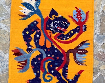 Mayan Healing Jaguar Rug, 24x38 Inches Hand Woven Zapotec Tapestry, Yellow and Dark Blue Wool Hanging or Floor Cover Rug, Home Decor Rug