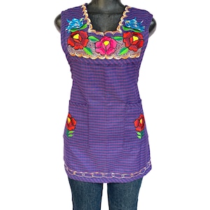 Small Woman Mexican Colorful Floral Embroidered Apron, Kitchen Cooking Stain Free Full Dressy Apron,  Handy Pocket Delantal Mandil Apron
