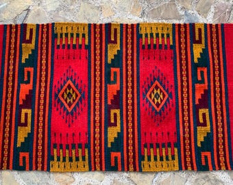 Hand Woven Zapotec Wool Rug: Red and Green Geometric Tapestry