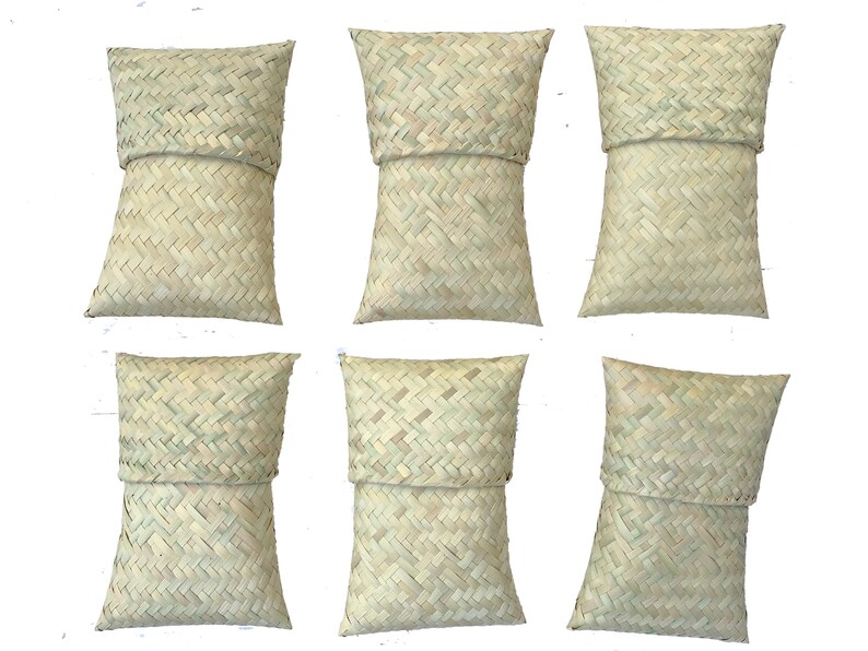 May include: Six woven natural-colored pillows with a diamond pattern. The pillows are made of a natural material, possibly straw or bamboo.