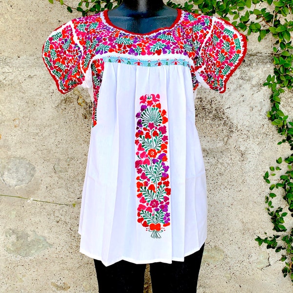 One Size  Mexican Oaxacan San Antonino Hand Embroidered White & Multicolor Floral Fine High Quality Fiesta Cultural Woman Blouse Tunic Top