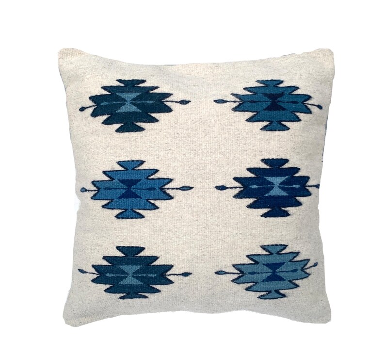 Handwoven Zapotec Pillow Cover: Oaxacan Wool, Geometric Design, 19x20 Blue
