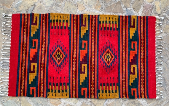 Hand Woven Zapotec Wool Rug: Red and Green Geometric Tapestry