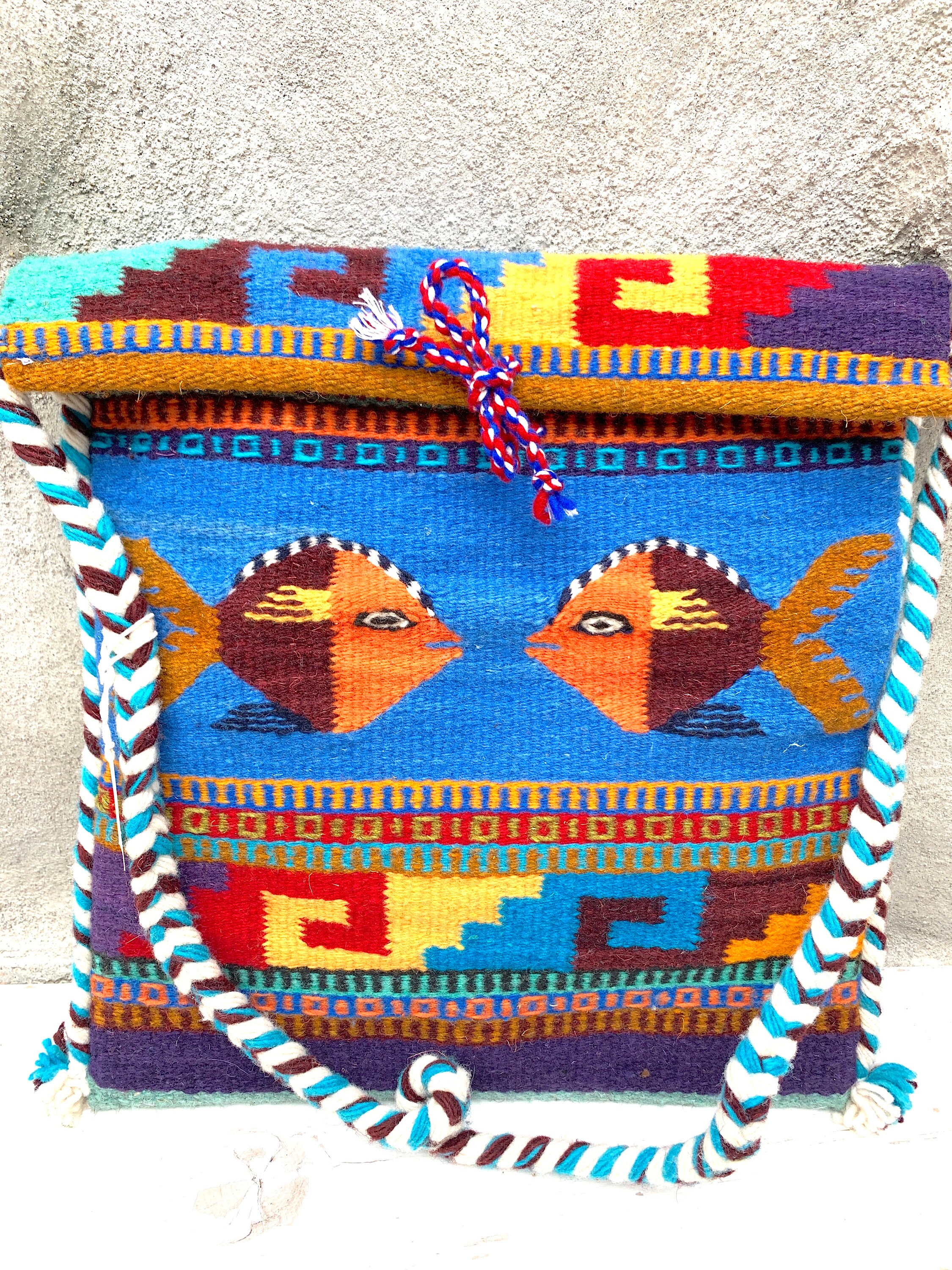 Hand Woven Oaxacan Wool Messenger Bag: Blue Fish Zapotec Tapestry