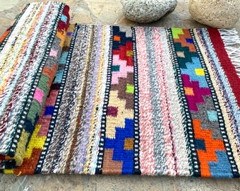 Runner per tappeti multicolore Zapotec, runner in lana naturale da 16"x39", arazzo geometrico per runner Oaxaca, tappeto messicano tessuto a mano, runner per tappeti rustici per la casa