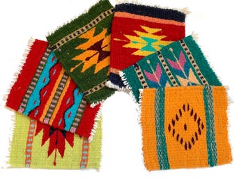 Set of 6 Wool Woven  color Rug Hot or Cold Mug Coaster, Hand Loomed Zapotec Geometric Mini Tapestry, Reversible Western Style Coaster