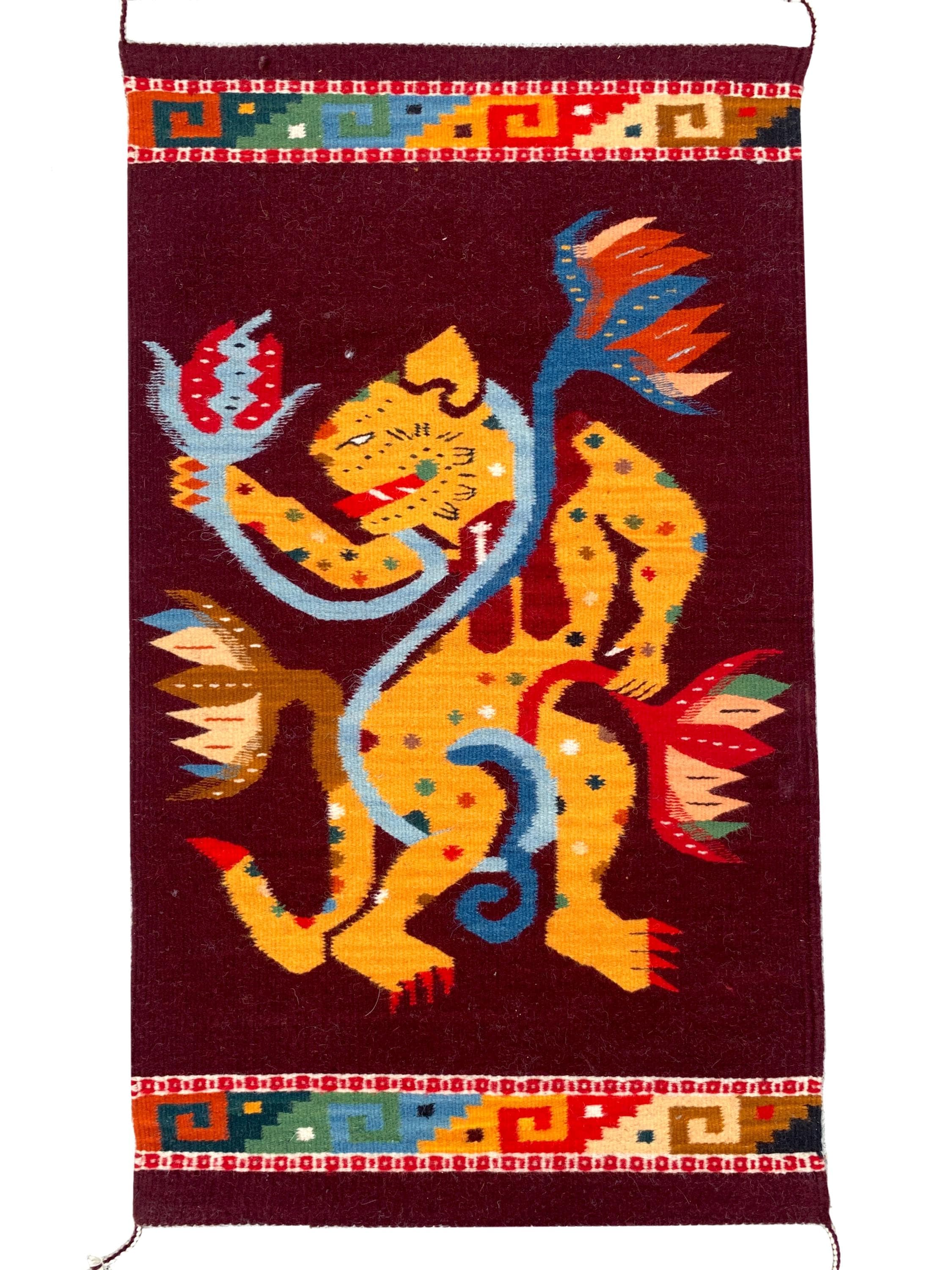 Hand Woven Mayan Jaguar Rug, Burgundy Zapotec Wool Tapestry (24x41 In ...