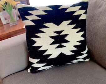 Handwoven Zapotec Wool Pillow Cover: Black & White Geometric Tapestry, 19"x20"