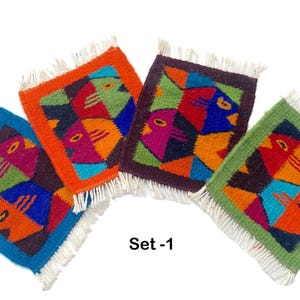 Posavasos de lana zapoteca tejidos a mano - Juego de 4 mini alfombras con diseño de banco de peces SE-1
