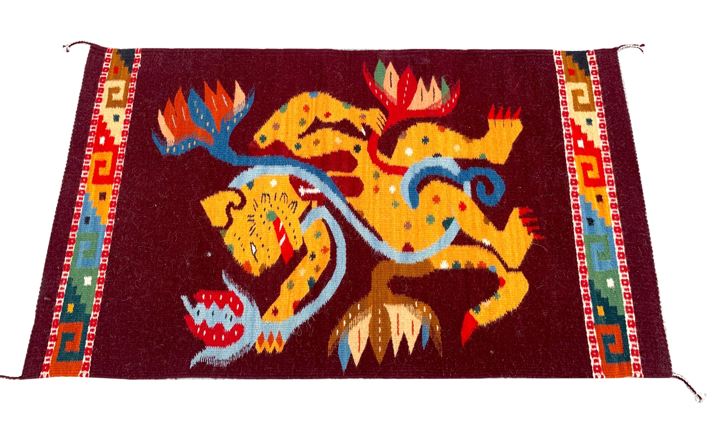 Hand Woven Mayan Jaguar Rug, Burgundy Zapotec Wool Tapestry (24x41 In ...