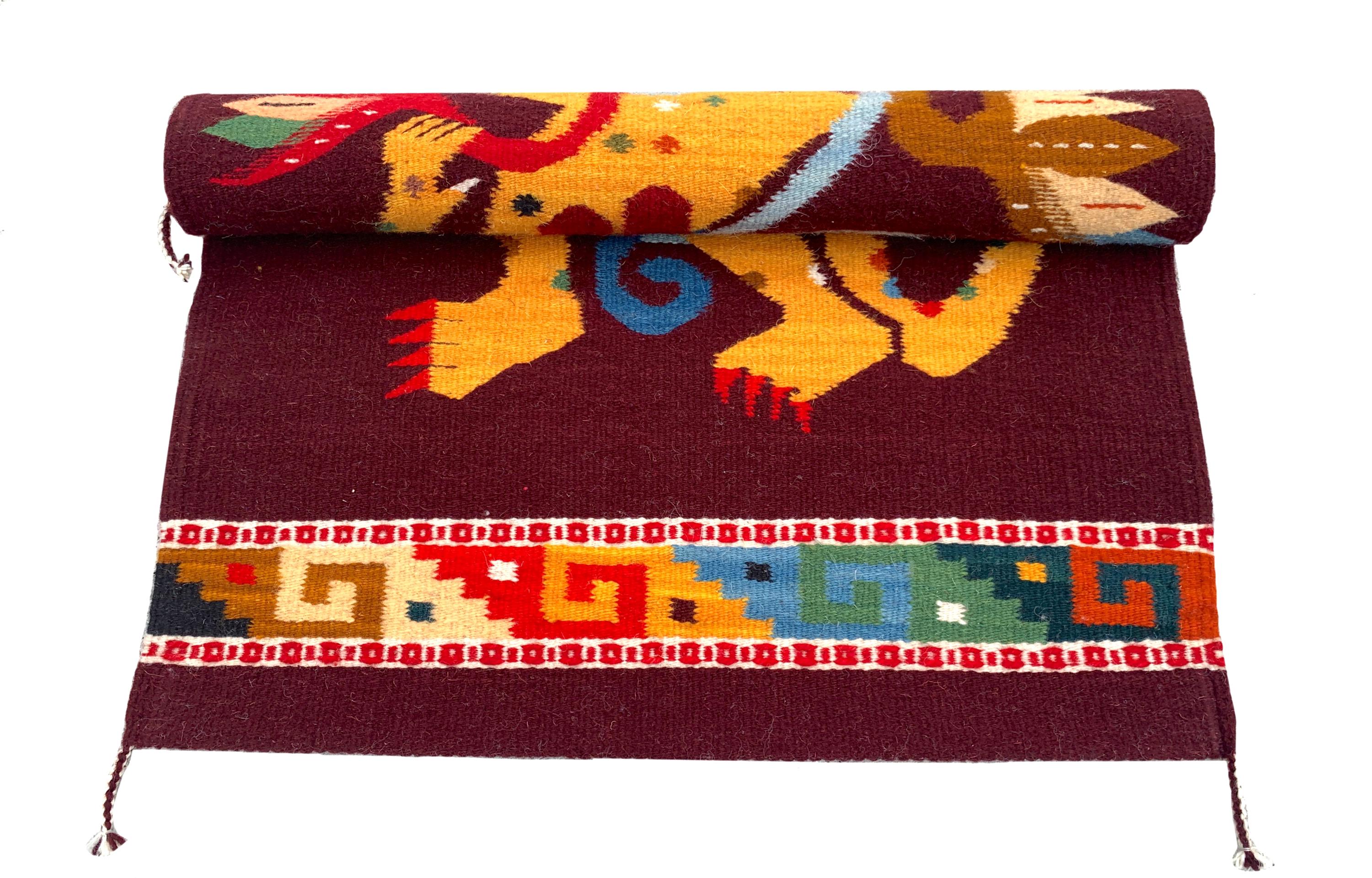 Mayan Rug Patterns Hand Woven Mayan Jaguar Rug, Burgundy Zapotec Wool Tapestry (24x41 In ...
