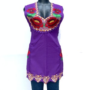 XLarge Mexican Apron: Woman&#39;s Purple Floral Embroidered Pinafore