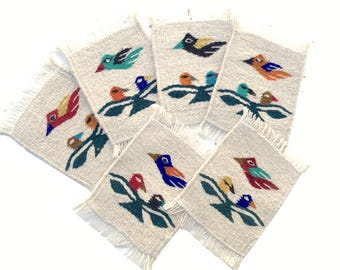 Set of 6 Wool White Woven Coasters: Zapotec Bird Design Mini Rugs (5x6 Inches)