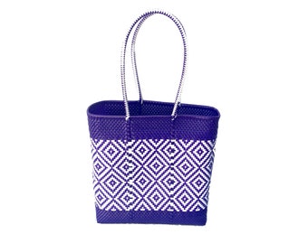 Mexican Reusable Large Tote Bag Heavy Duty Grocery Carry Multipurpose Purple White Geometric Double Handles Tote Recycle Plastic Morral