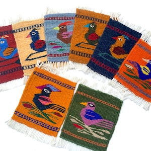 Wool Bird Design Mug Rugs: Set of 8 Zapotec Weaving Coasters 5x6 Inches