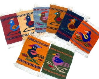 Wool Mug Coaster: Set of 8 Hand Woven Bird Design Mini Rug 5x6 Inches