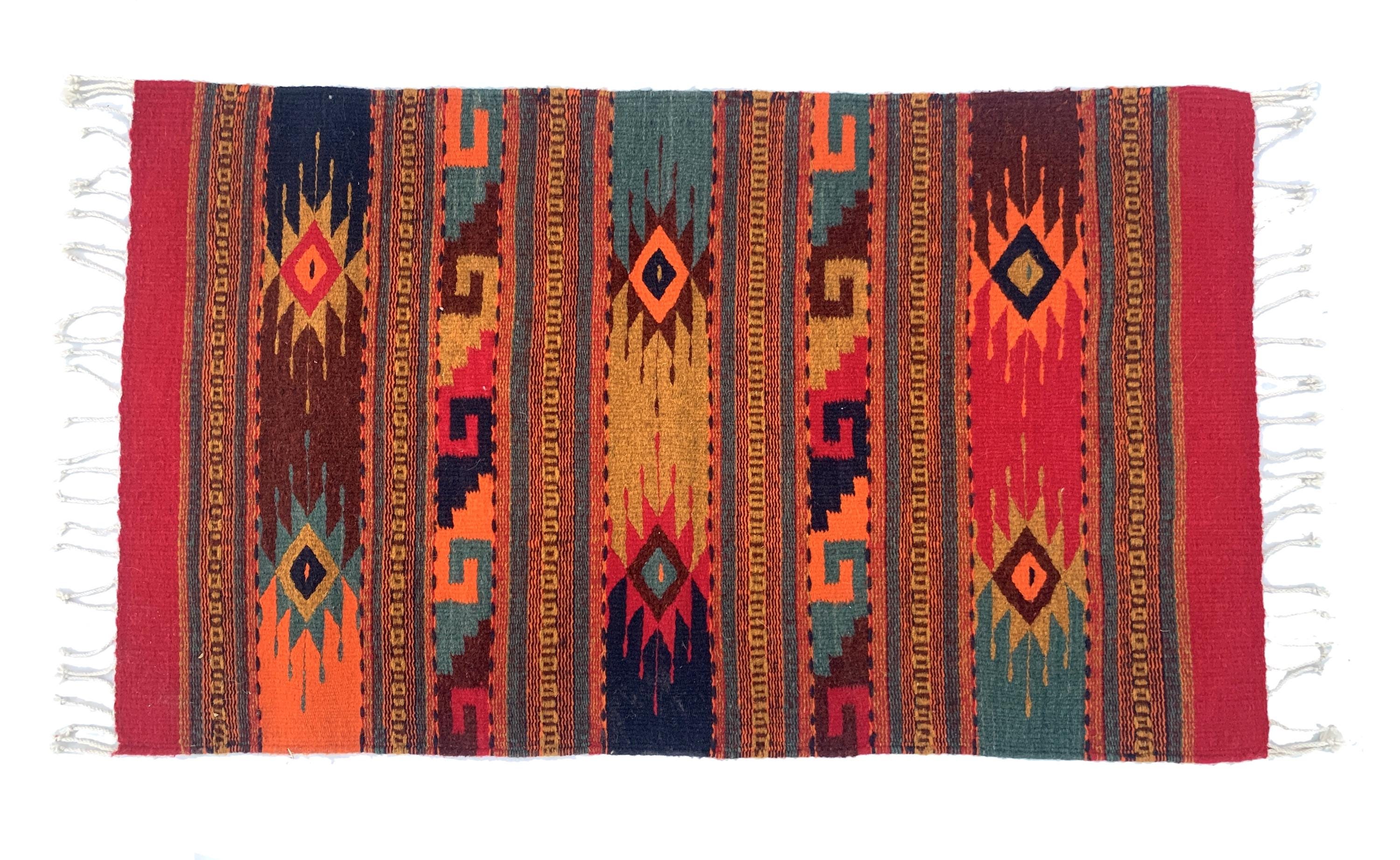 Hand Woven Zapotec Wool Rug: Red and Green Geometric Tapestry