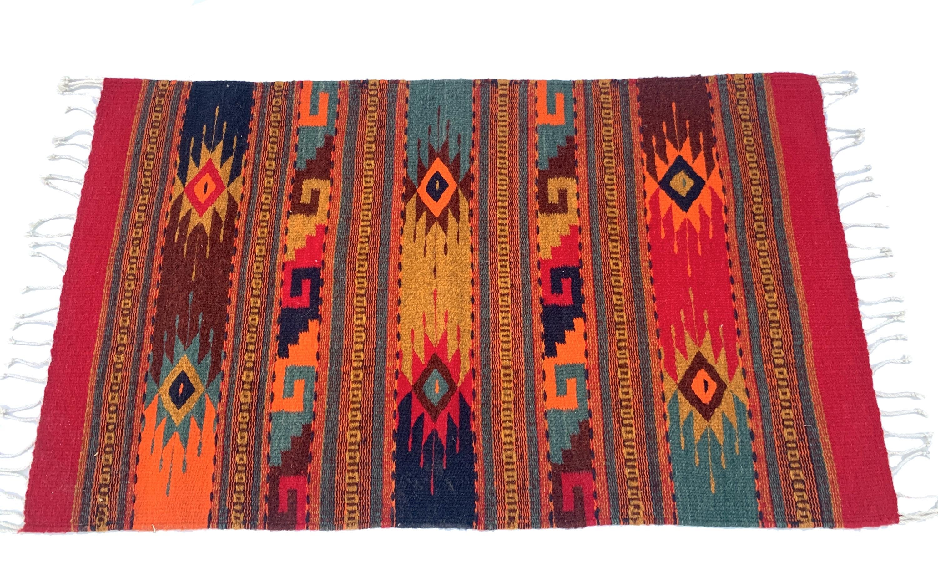 Hand Woven Zapotec Wool Rug: Red and Green Geometric Tapestry