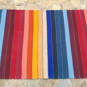 Zapotec Oaxacan Mexican Hand Woven 31&quot;x59&quot; Multicolor Stripes & Color Pattern Home Living Use Floor Wall Sheep Wool Weaving Tapestry Rug