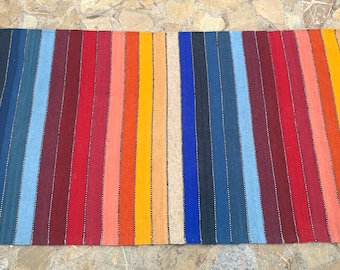 Zapotec Oaxacan Mexican Hand Woven 31&quot;x59&quot; Multicolor Stripes & Color Pattern Home Living Use Floor Wall Sheep Wool Weaving Tapestry Rug
