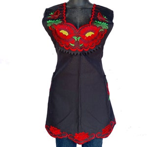 XLarge Black Apron with Red Floral Embroidery: Mexican Cooking Apron
