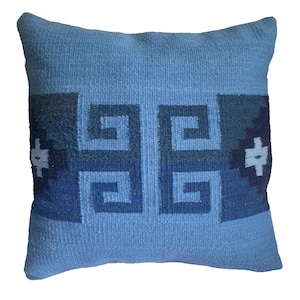 Indigo Woven Wool Pillow Cover: Zapotec Rug Design, 20x20