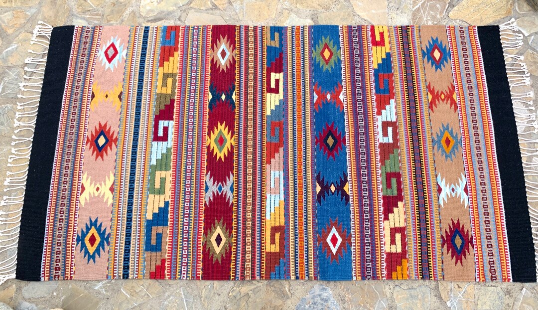 Hand Woven Oaxaca Zapotec Wool Rug: Geometric Accent Tapestry (31x58 ...
