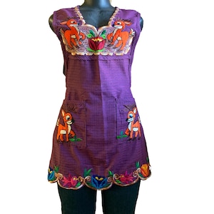 Embroidered Floral Deer Apron: Purple Cotton Blend, Size Small