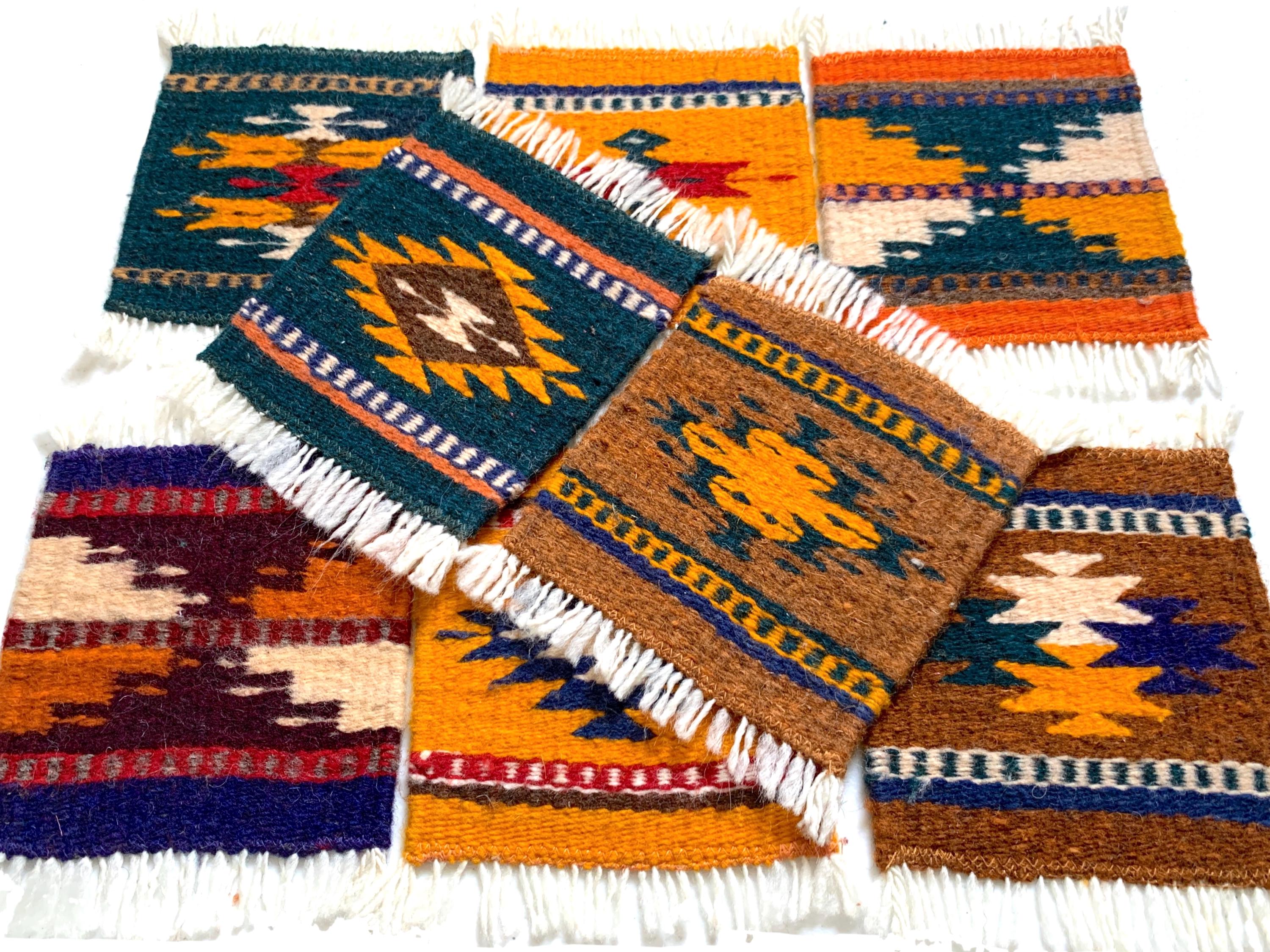 手織りウールサポテックコースター：8枚セット、幾何学模様の