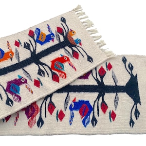 Zapotec Rug Runner: Tree of Life Hand Woven White Wool Tapestry 10x38 Inches