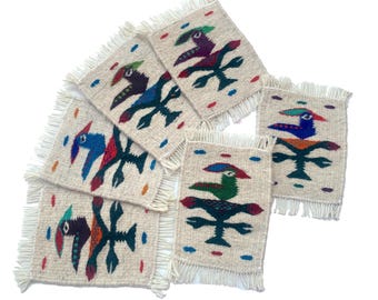 Posavasos con diseño de pájaros - Juego de 6 mini tapices de lana blanca de 11,4 x 15,2 cm (4,5 x 6 pulgadas)