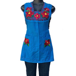XSmall Mexican Apron: Blue with Red Floral Embroidery, Pocket Fiesta Mandil